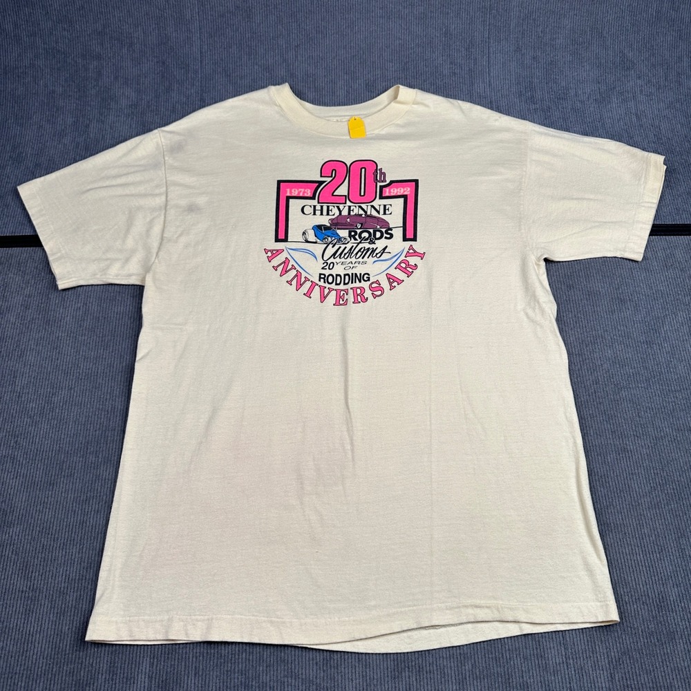 Vintage Hanes Beefy-T Cheyenne Rods Customs 20th Anniversary Shirt Mens L Cream